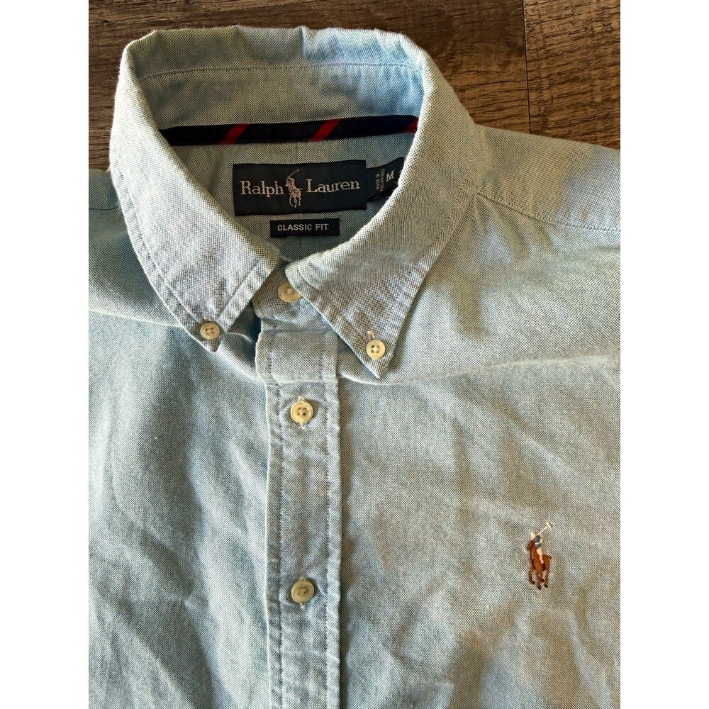 Ralph Lauren Classic Fit Button Down Shirt Mens M Blue Cotton Pony Pockets